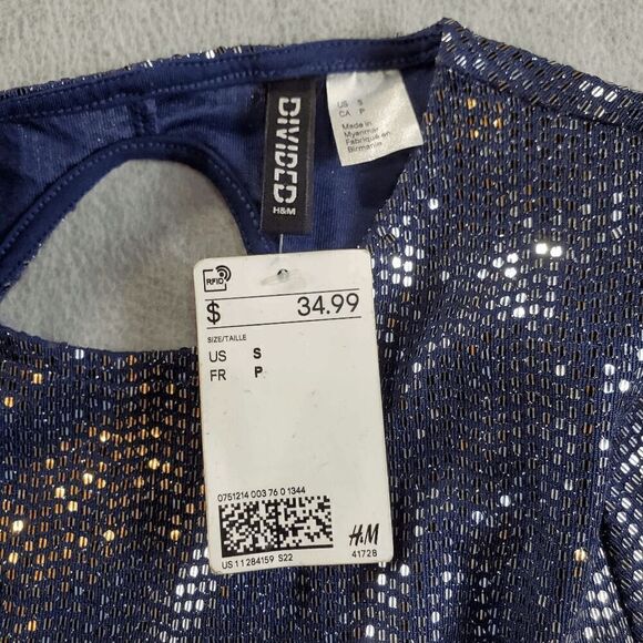 H&M Dress Womens Small Blue Sequin Metallic Cut Out Back Long Sleeve Round Neck - Picture 2 of 8